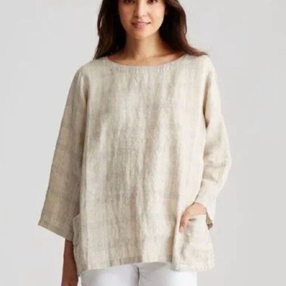 Eileen Fisher Organic Linen Catalan‎ Patch Pocket Oversized Tunic Top Medium - Picture 6 of 7